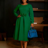Plus Size Long-sleeve Floral  Solid Color Midi Dress GATE-602