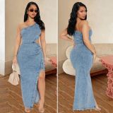 Slash Shoulder Sleeveless Backless Denim Maxi Dress LX-8602