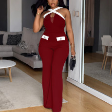 Plus Size Contrast Color Cross Halterneck Loose Jumpsuit NY-11216