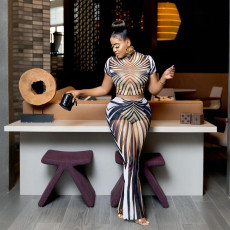 Stripe Print Short Sleeve Two Piece Pants Set SHD-9566