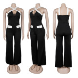 Plus Size Contrast Color Cross Halterneck Loose Jumpsuit NY-11216
