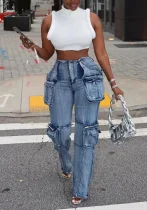 Casual Patchwork Multi-pockets Loose Jeans OD-8686