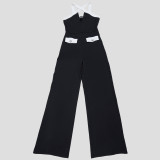 Plus Size Contrast Color Cross Halterneck Loose Jumpsuit NY-11216
