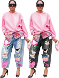 Plus Sizse Hot Drill Print Holes Loose Jeans OD-8685