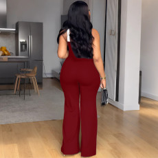 Plus Size Contrast Color Cross Halterneck Loose Jumpsuit NY-11216