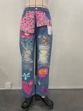 Plus Sizse Hot Drill Print Holes Loose Jeans OD-8685