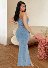 Slash Shoulder Sleeveless Backless Denim Maxi Dress LX-8602