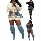 Patchwork Denim Single-breasted Loose Sweater OD-8707