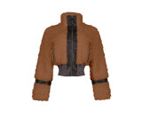 Faux Fur Collar Patchwork Leather Jacket with Lining YMEF-58015