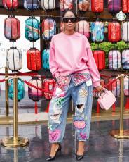 Plus Sizse Hot Drill Print Holes Loose Jeans OD-8685