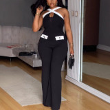 Plus Size Contrast Color Cross Halterneck Loose Jumpsuit NY-11216