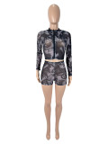 Print Zipper Long Sleeve Shorts Suit SHD-9567