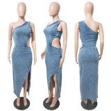 Slash Shoulder Sleeveless Backless Denim Maxi Dress LX-8602