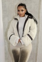 Faux Fur Collar Patchwork Leather Jacket with Lining YMEF-58015