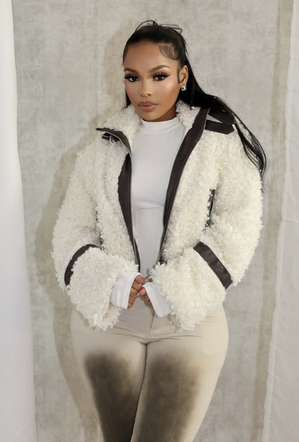 Faux Fur Collar Patchwork Leather Jacket with Lining YMEF-58015