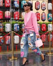 Plus Sizse Hot Drill Print Holes Loose Jeans OD-8685