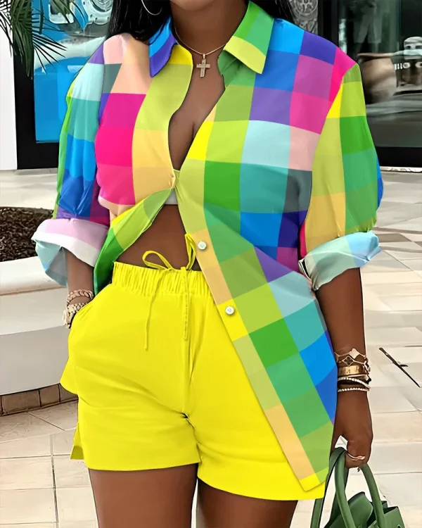 Plus Size Print Long Sleeve Shirt Two Piece Short Set GSRX-9060