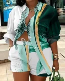 Plus Size Print Long Sleeve Shirt Two Piece Short Set GSRX-9060