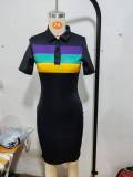 Stripe Shirt Neck Short Sleeve Midi Dress GYXF-4662