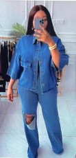 Denim Long Sleeve Shirt Holes Jeans 2 Piece Set GMYU-6386
