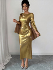 Hot Stamp Long-Sleeve Crew Neck Maxi Dress GRNH-28828