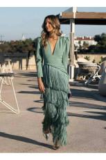 Deep V Neck Tassel Maxi Dress GRNH-28833