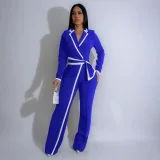 Color Block Long Sleeve Tie Up Jumpsuit QYMF-3249