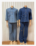Denim Long Sleeve Shirt Holes Jeans 2 Piece Set GMYU-6386
