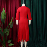 Plus Size Slash Neck 3/4 Sleeve Irregular Midi Dress GMLF-3350