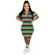 Stripe Shirt Neck Short Sleeve Midi Dress GYXF-4662