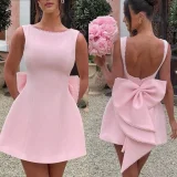 Pearl Bow Backless Mini Dress GMYU-8952