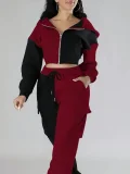 Contrast Color Patchwork Sport Hooded Two Piece Pants Set GWSF-383799773