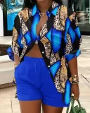 Plus Size Print Long Sleeve Shirt Two Piece Short Set GSRX-9060