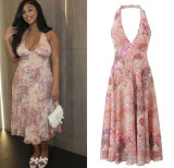 V Neck Halterneck Backless Print Long Dress GMYU-9554