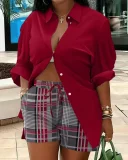 Plus Size Print Long Sleeve Shirt Two Piece Short Set GSRX-9060