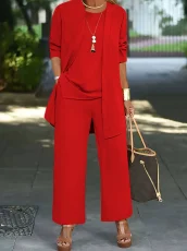 Plus Size Solid Color Long Sleeve Three Piece Pants Set GWSF-T541025897