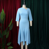 Plus Size Slash Neck 3/4 Sleeve Irregular Midi Dress GMLF-3350