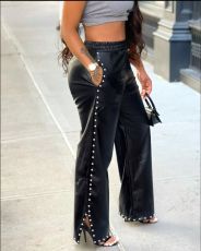 Bubble Beads Loose Wide-leg Leather Pants GRNH-28559