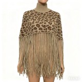 Leopard Print Tassel Shawl Tops GRNH-8888