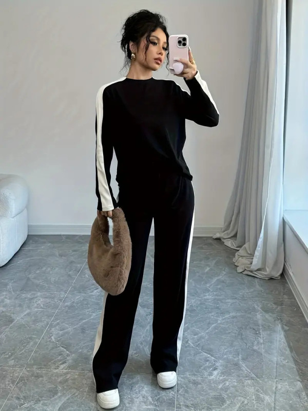 Contast Color Long Sleeve Two Piece Pants Set GRNH-2858