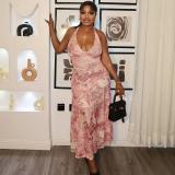 V Neck Halterneck Backless Print Long Dress GMYU-9554