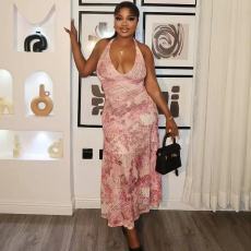 V Neck Halterneck Backless Print Long Dress GMYU-9554