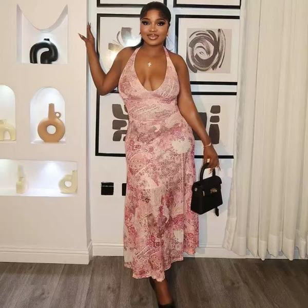 V Neck Halterneck Backless Print Long Dress GMYU-9554