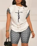Plus Size Letter Print Short Sleeve Short Suit GSRX-9043