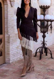 Deep V Neck Tassel Maxi Dress GRNH-28833
