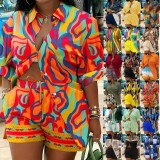 Plus Size Print Long Sleeve Shirt Two Piece Short Set GSRX-9060