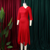 Plus Size Slash Neck 3/4 Sleeve Irregular Midi Dress GMLF-3350