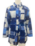 Plus Size Print Long Sleeve Shirt Two Piece Short Set GSRX-9060