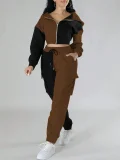 Contrast Color Patchwork Sport Hooded Two Piece Pants Set GWSF-383799773