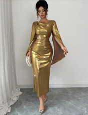 Hot Stamp Long-Sleeve Crew Neck Maxi Dress GRNH-28828